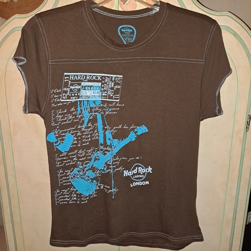 Hard Rock Cafe London T-shirt Brown w/Turquoise Sz Large New Condition